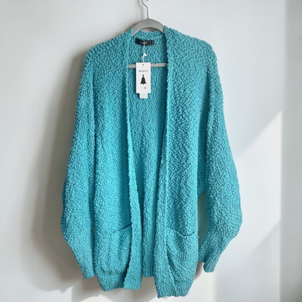 ZESICA Women's XXL Plus Cardigan Blue Popcorn Chunky Knit Open Front Batwing NWT